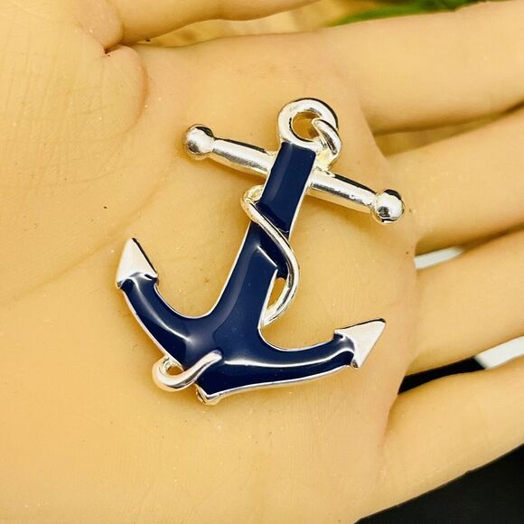 Danecraft Vintage 70's Navy Blue Silver Enamel Ship Anchor Brooch Nautical 1324 - Picture 2 of 8